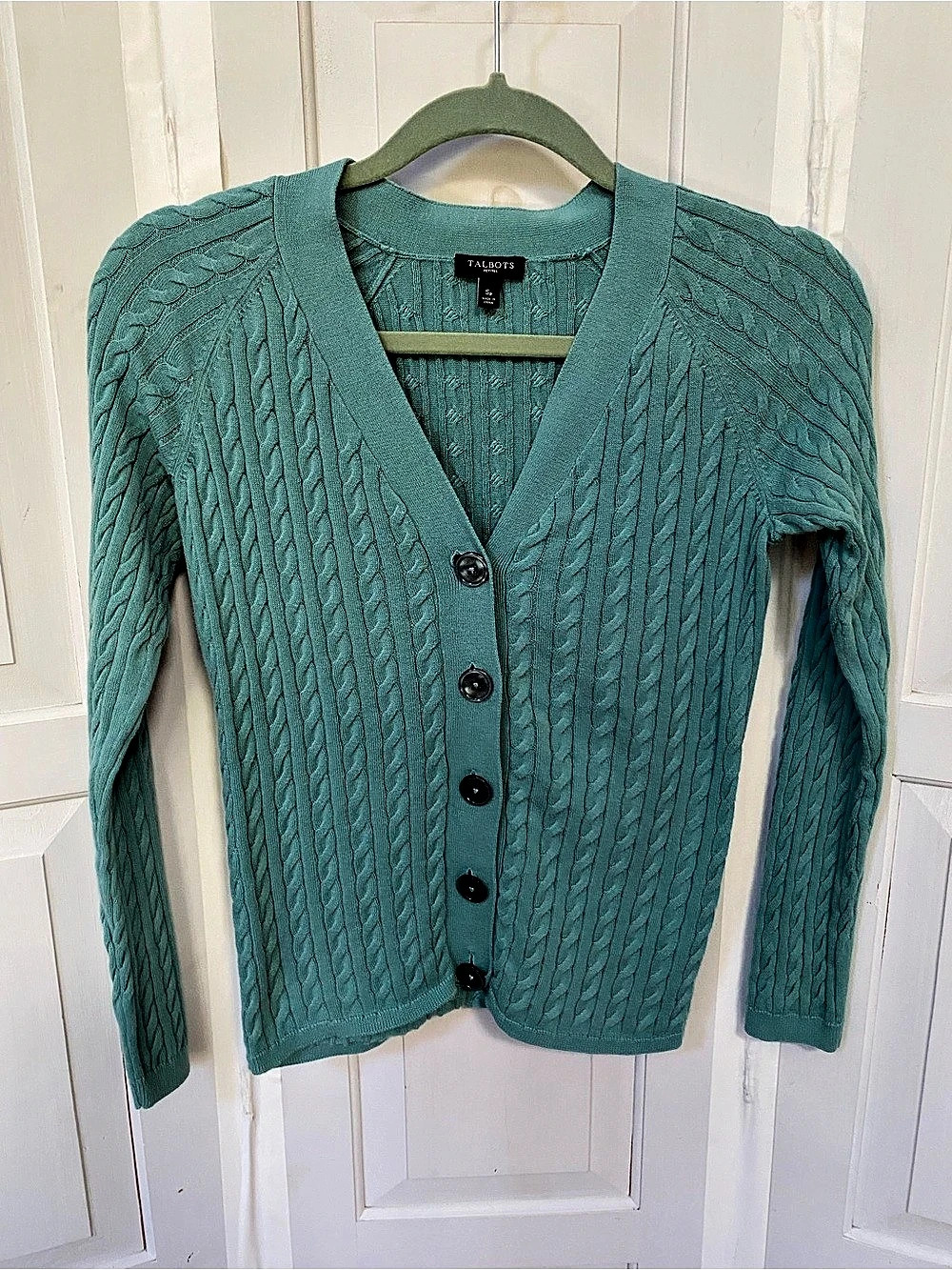 Talbots Petites Cable Knit Cardigan in Green
